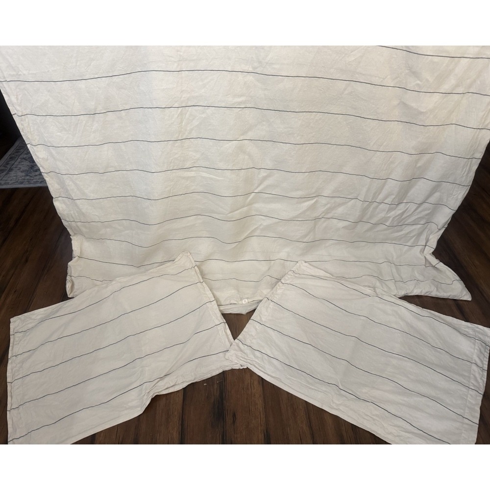 CB2 100% Linen Twin Duvet Cover 66x84 Pinstripe Black Cream & 2 Standard Shams